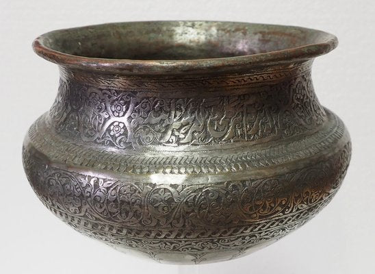 Large Antique Engraved Islamic Tinned Copper Bowl, 1890s-UZN-1400969