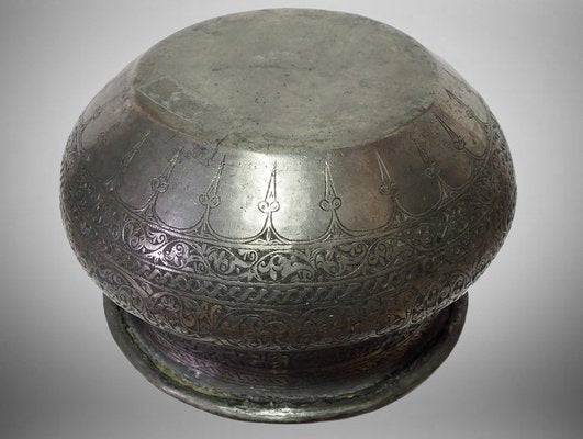 Large Antique Engraved Islamic Tinned Copper Bowl, 1890s-UZN-1400969