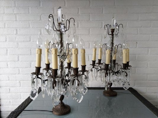 Large Antique Girandole Table Lamps with Crystals, France, Set of 2-URP-1749981