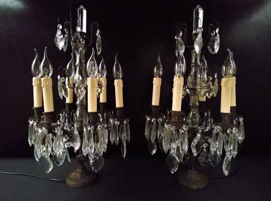 Large Antique Girandole Table Lamps with Crystals, France, Set of 2-URP-1749981