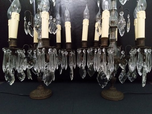 Large Antique Girandole Table Lamps with Crystals, France, Set of 2-URP-1749981