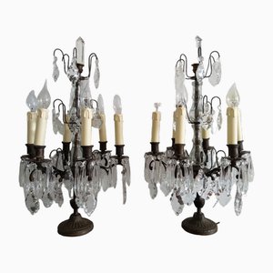 Large Antique Girandole Table Lamps with Crystals, France, Set of 2-URP-1749981