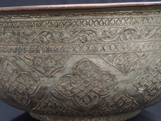 Large Antique Islamic Engraved Tinned Copper Bowl, 1890s-UZN-1408880