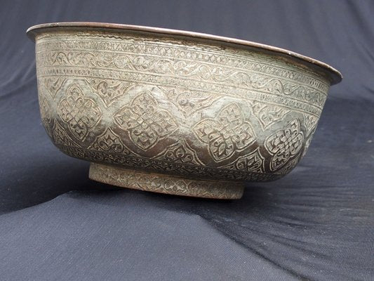 Large Antique Islamic Engraved Tinned Copper Bowl, 1890s-UZN-1408880