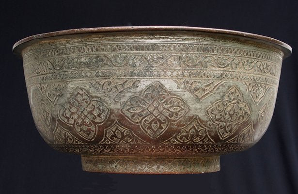 Large Antique Islamic Engraved Tinned Copper Bowl, 1890s-UZN-1408880