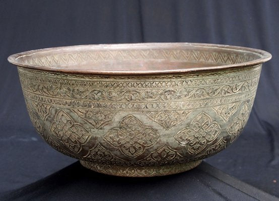 Large Antique Islamic Engraved Tinned Copper Bowl, 1890s-UZN-1408880