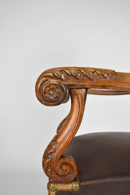 Large Antique Louis XIII Style Leather and Carved Walnut Desk Chair, 1860s-XNH-703433