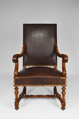 Large Antique Louis XIII Style Leather and Carved Walnut Desk Chair, 1860s-XNH-703433