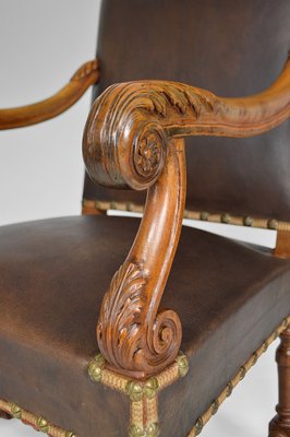 Large Antique Louis XIII Style Leather and Carved Walnut Desk Chair, 1860s-XNH-703433