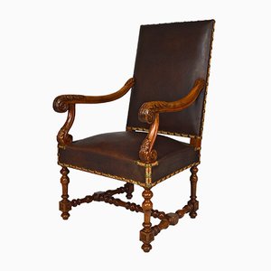 Large Antique Louis XIII Style Leather and Carved Walnut Desk Chair, 1860s-XNH-703433