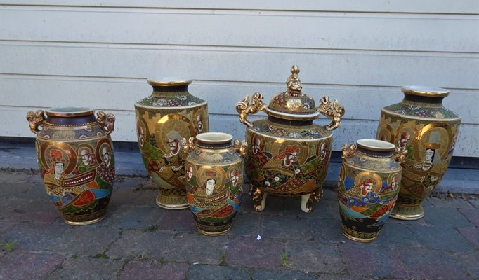 Large Antique Meiji Satsuma Moriage Vases and Burners, Japan, Set of 7-AWL-1338612