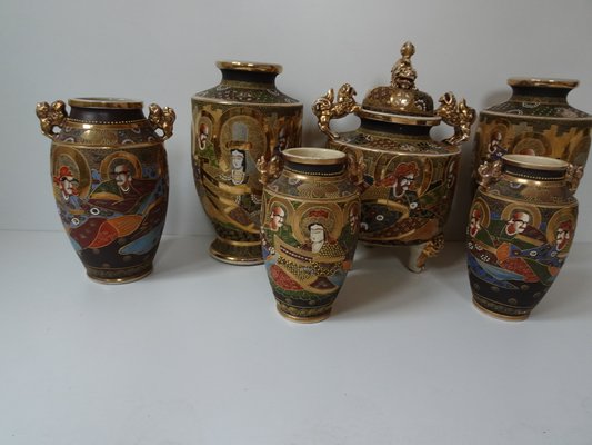 Large Antique Meiji Satsuma Moriage Vases and Burners, Japan, Set of 7-AWL-1338612