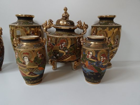 Large Antique Meiji Satsuma Moriage Vases and Burners, Japan, Set of 7-AWL-1338612