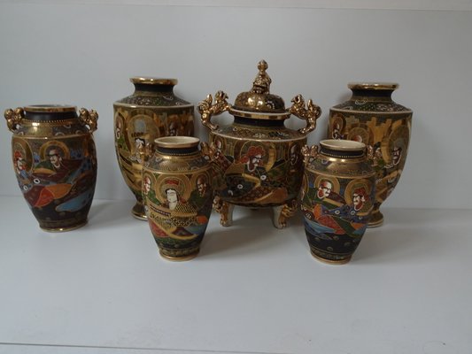 Large Antique Meiji Satsuma Moriage Vases and Burners, Japan, Set of 7-AWL-1338612