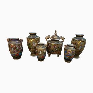 Large Antique Meiji Satsuma Moriage Vases and Burners, Japan, Set of 7-AWL-1338612