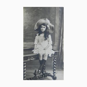 Large Antique Portrait Girl on Bench Photograph, France, 1912-ARU-1004812