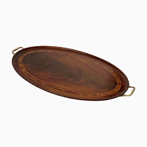 Large Art Deco Brown Wood and Brass Wood Marquetry Tray, France, 1940s-UR-1403184