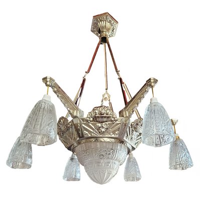 Large Art Deco Chandelier in Chromed Metal and Depowed Glass, 1930s-AWH-1765583