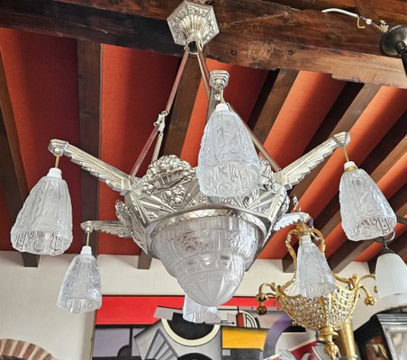 Large Art Deco Chandelier in Chromed Metal and Depowed Glass, 1930s-AWH-1765583