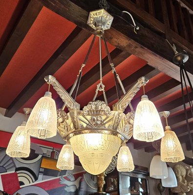 Large Art Deco Chandelier in Chromed Metal and Depowed Glass, 1930s-AWH-1765583