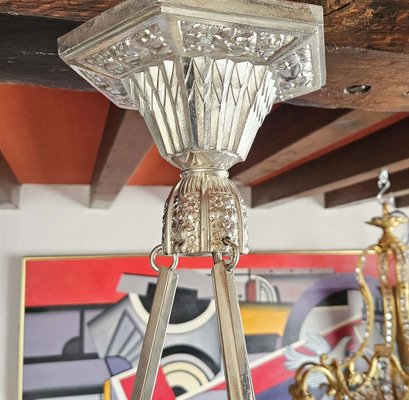 Large Art Deco Chandelier in Chromed Metal and Depowed Glass, 1930s-AWH-1765583