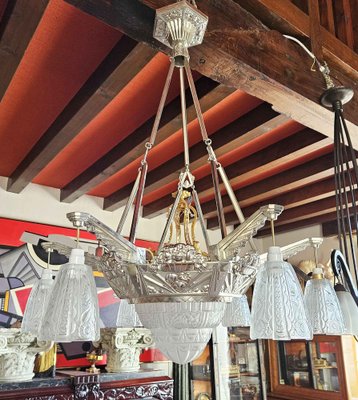 Large Art Deco Chandelier in Chromed Metal and Depowed Glass, 1930s-AWH-1765583