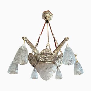 Large Art Deco Chandelier in Chromed Metal and Depowed Glass, 1930s-AWH-1765583