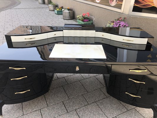 Large Art Deco Desk in in Lacquer & Black Parchment Leather by Assi D´asolo, Italy-QVR-1328012