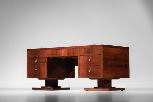 Large Art Deco Desk with Wood and Brass Curtain, 1930s-YU-1800686