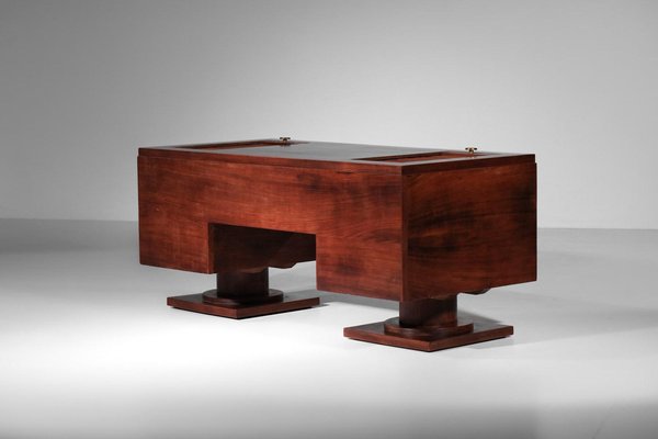 Large Art Deco Desk with Wood and Brass Curtain, 1930s-YU-1800686