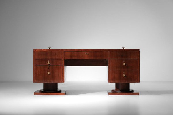 Large Art Deco Desk with Wood and Brass Curtain, 1930s-YU-1800686