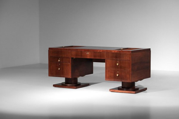 Large Art Deco Desk with Wood and Brass Curtain, 1930s-YU-1800686