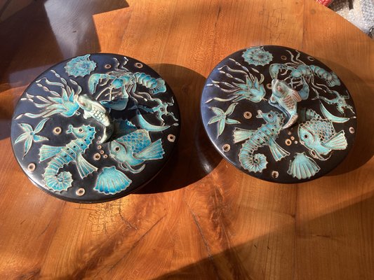 Large Art Deco Lidded Boxes with Marine Animals by Gustav Heinkel from Karlsruher Majolika, 1937, Set of 2-XHV-1293158