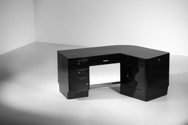 Large Art Deco Modernist Desk in Black Lacquer attributed to Jacques Adnet, 1950s-YU-1800698