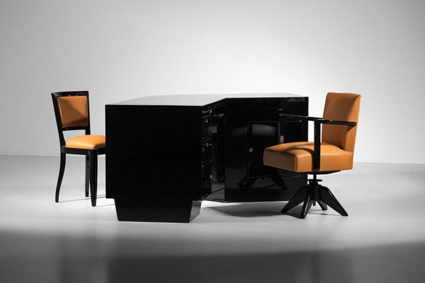 Large Art Deco Modernist Desk in Black Lacquer attributed to Jacques Adnet, 1950s-YU-1800698