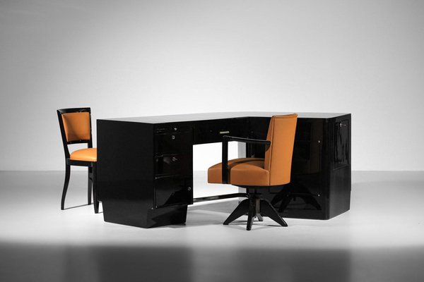 Large Art Deco Modernist Desk in Black Lacquer attributed to Jacques Adnet, 1950s-YU-1800698