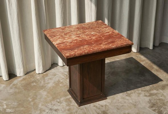 Large Art Deco Pedestal Side Table in Oak and Expressive Red Marble, 1930s-FEW-2024239