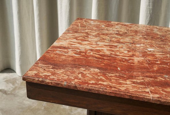 Large Art Deco Pedestal Side Table in Oak and Expressive Red Marble, 1930s-FEW-2024239