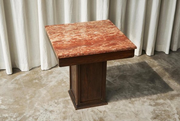 Large Art Deco Pedestal Side Table in Oak and Expressive Red Marble, 1930s-FEW-2024239