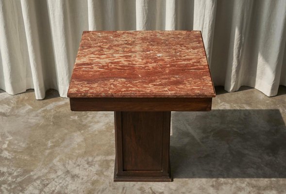 Large Art Deco Pedestal Side Table in Oak and Expressive Red Marble, 1930s-FEW-2024239