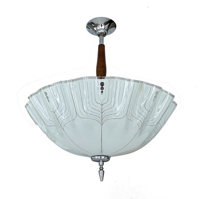 Large Art Deco Pendant Light in Glass and Wood, 1930s-GUT-2027978