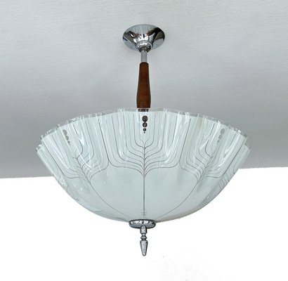 Large Art Deco Pendant Light in Glass and Wood, 1930s-GUT-2027978