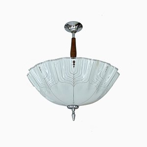 Large Art Deco Pendant Light in Glass and Wood, 1930s-GUT-2027978