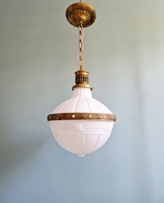 Large Art Deco Pendant Light in Milky White Glass and Openwork Brass, 1920s-FAX-2041811