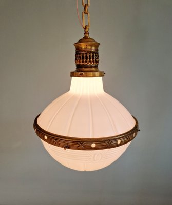 Large Art Deco Pendant Light in Milky White Glass and Openwork Brass, 1920s-FAX-2041811