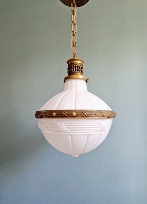 Large Art Deco Pendant Light in Milky White Glass and Openwork Brass, 1920s-FAX-2041811