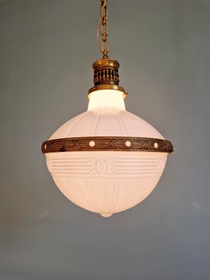 Large Art Deco Pendant Light in Milky White Glass and Openwork Brass, 1920s-FAX-2041811