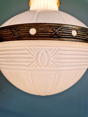 Large Art Deco Pendant Light in Milky White Glass and Openwork Brass, 1920s-FAX-2041811