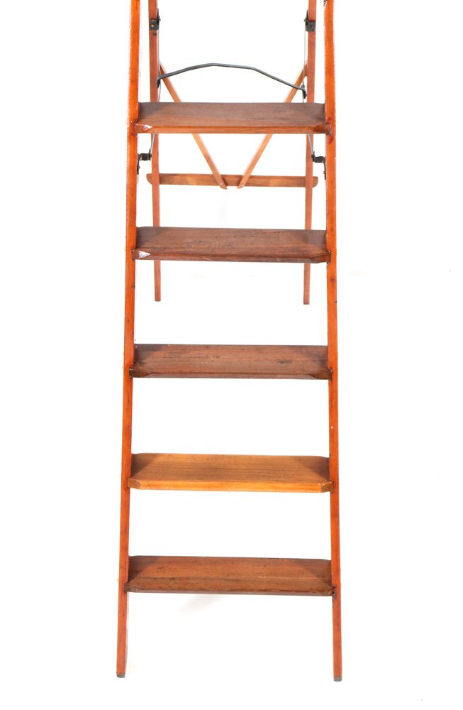 Large Art Deco Pitch Pine Library Steps or Ladder, 1920s