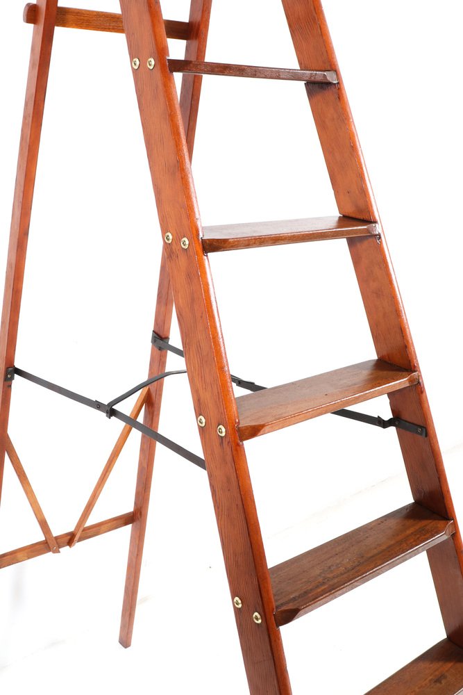 Large Art Deco Pitch Pine Library Steps or Ladder, 1920s